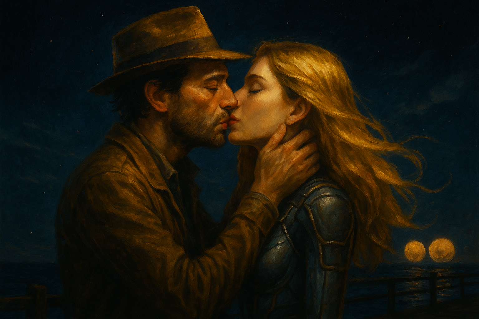 Goddard and Terra Goldtrix kiss on a moonlit pier under twin moons.